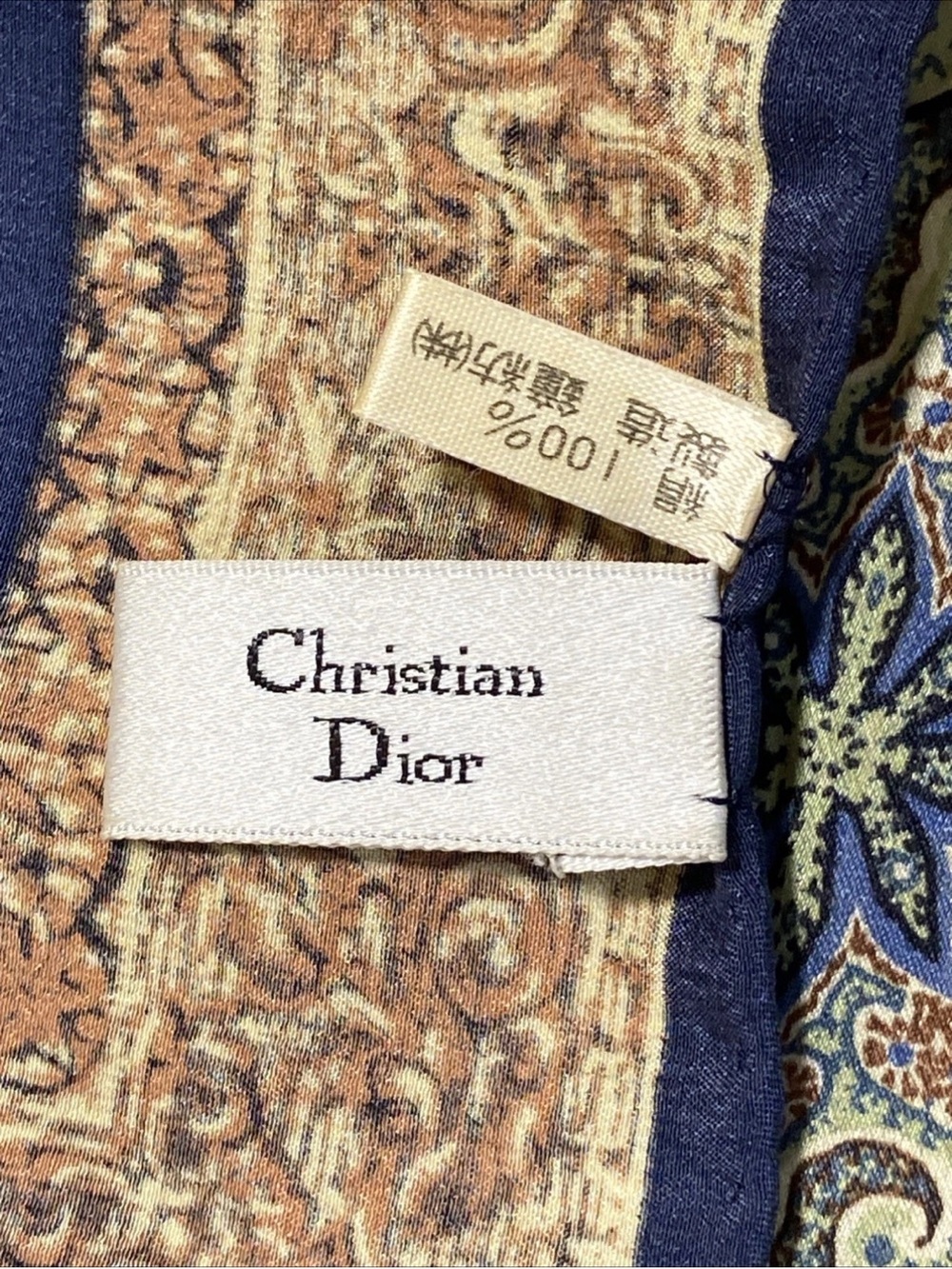 DIOR Vintage SILK Scarf 35” NAVY Gold/Ruby Jewel & Blue-Green Paisley print EUC - Picture 5 of 16